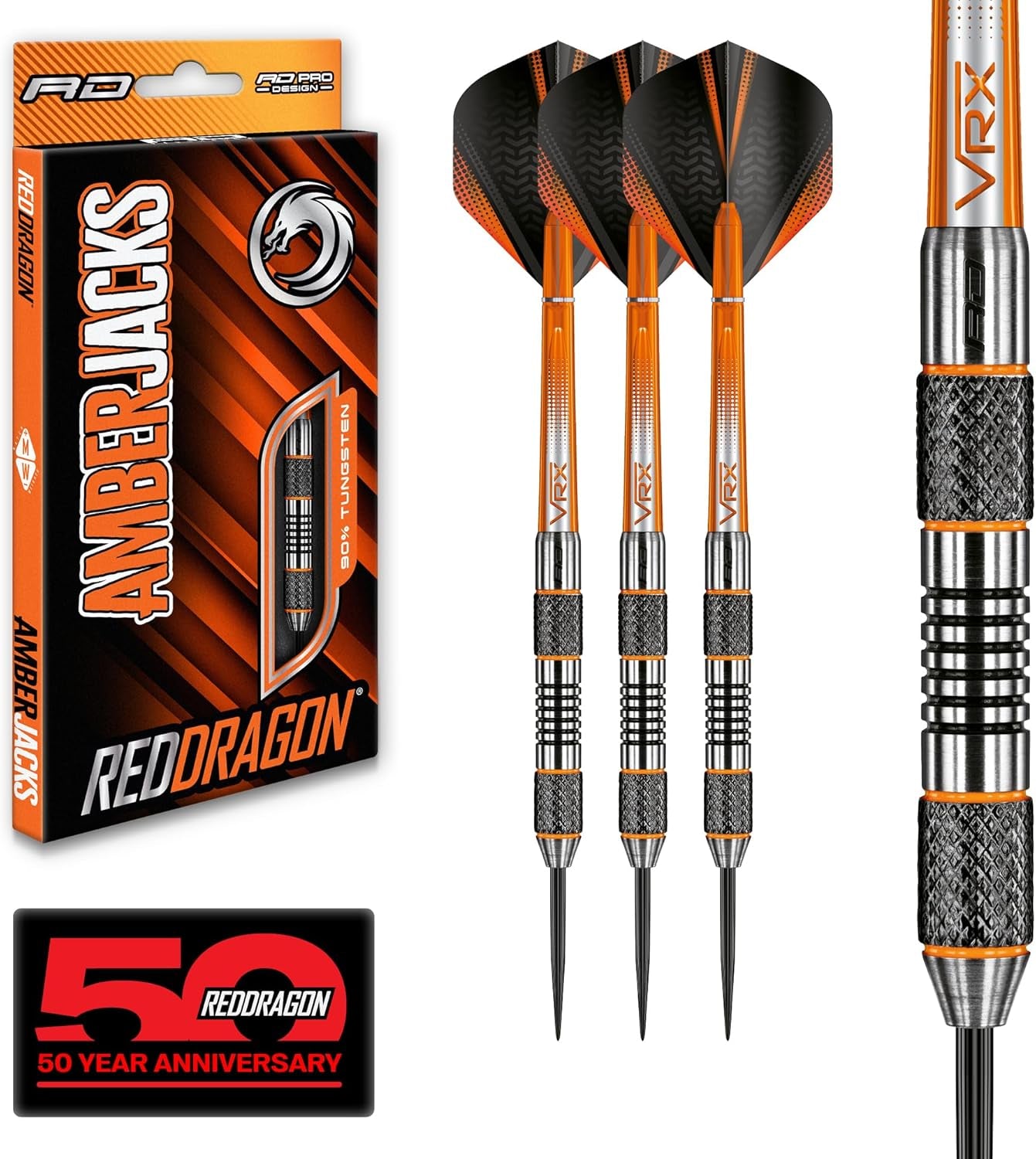 Amberjack Professional Darts Set - 90% Tungsten Darts with Flights & Shafts - Available in Multiple Barrel Designs, Soft Tip 18G and Steel Tip 22G - 30G
