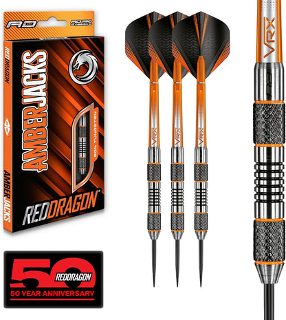 Amberjack Professional Darts Set - 90% Tungsten Darts with Flights & Shafts - Available in Multiple Barrel Designs, Soft Tip 18G and Steel Tip 22G - 30G